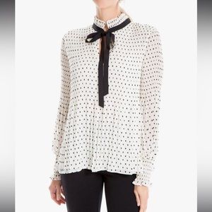 Max Studio Small Swiss Dot Necktie Blouse Ivory/Black Long Sleeves